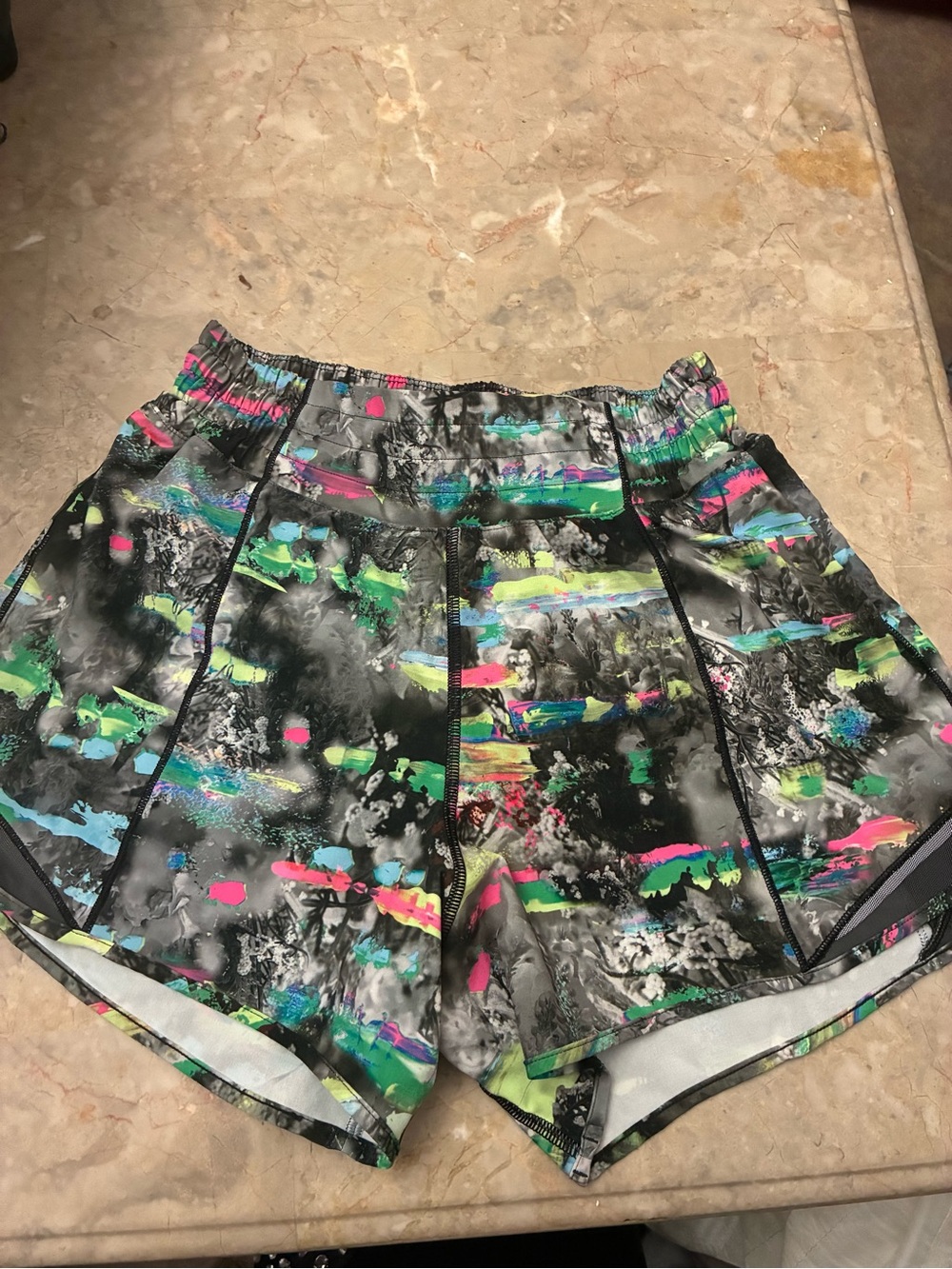 lululemon athletica Black Athletic Shorts with Neon Multicolor Abstract Print